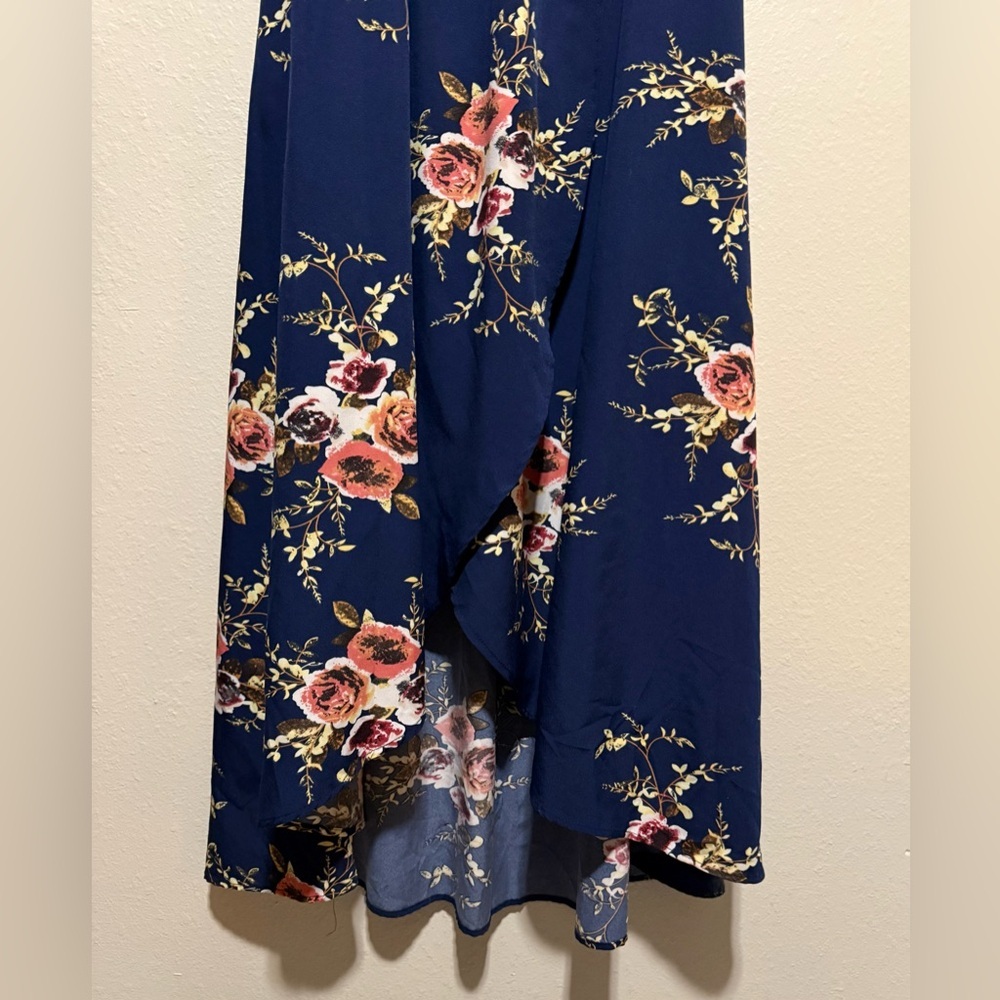 Omonsim Navy Floral Off-Shoulder Maxi Dress | Asymmetrical Hem Boho Romantic - Picture 5 of 6